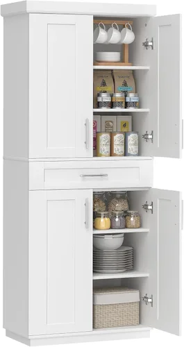 HOMCOM Gabinete de despensa de cocina de 72 pulgadas, armario de almacenamiento alto independiente con 4 puertas, cajón y 3 estantes ajustables para