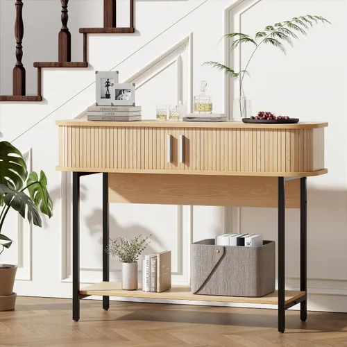 Miniatura 2 de Mesa de Entrada Moderna de Mediados de Siglo de 40", Mesa Consola Acanalada Ultra Delgada con Almacenamiento y Puertas Corredizas, Mesa de Sofá