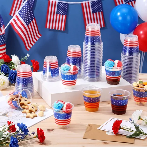 Miniatura 6 de Qinyoung 50 vasos de plástico desechables de 3 onzas para el 4 de julio, con bandera estadounidense, para el Día de la Independencia, fiesta