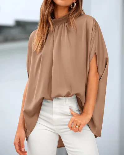 Miniatura 147 de BTFBM Blusas de verano para mujer, cuello alto falso, manga murciélago, holgadas, dobladillo alto y bajo, blusas informales de gran