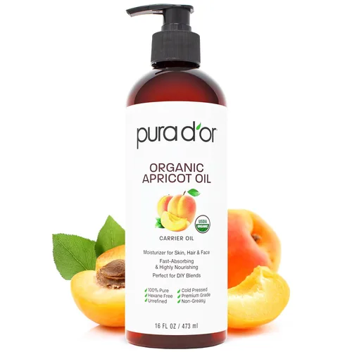 PURA D'OR Aceite orgánico de almendra de albaricoque de 16 onzas, 100% puro y natural, certificado por la USDA, aceite portador prensado en frío,