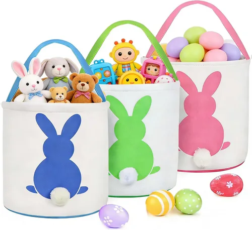 3 unidades de cesta de caza de huevos de Pascua para niños, cesta de conejo, bolsas de huevo, conejo, colas esponjosas, fiesta, celebrar,