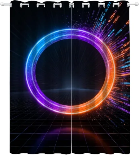 Miniatura 2 de Cyber Ring Curtains, Thermal Insulated Darkening Drapes For Sci-Fi Home Decor, Futuristic Neon Circle Digital Grid Scene Grommet Window Treatments