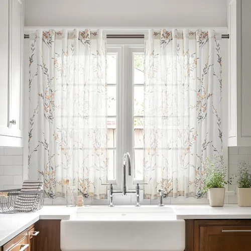 Miniatura 26 de MYSKY HOME Cortinas florales de cocina de 24 pulgadas, cortinas de lino con patrón de flores de granja, bolsillo para barra de filtro de luz aireado