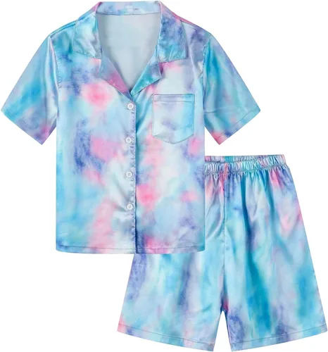 Schbbbta Conjunto de pijama de seda para niñas y mujeres, ropa de dormir de satén con botones, 3 años - mujer XXL