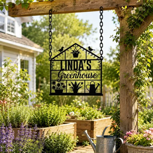 Miniatura 4 de Letrero personalizado de jardín de invernadero, placa de metal personalizada con nombre de jardín con acabado rústico, arte de patio al aire libre