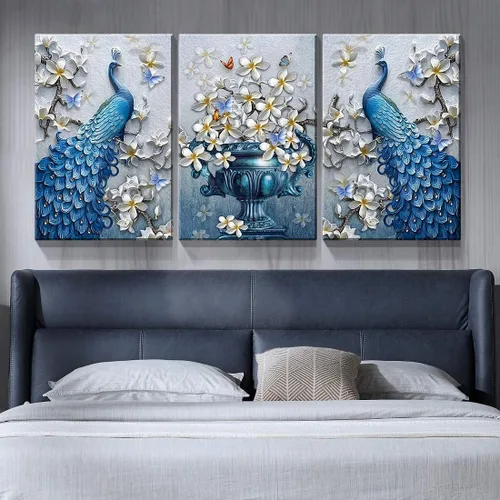 Miniatura 3 de Denozer Lienzo decorativo para pared, 3 paneles, 24 x 32 pulgadas, elegante, pavo real azul con imagen floral blanca, impresión de pintura de Art01