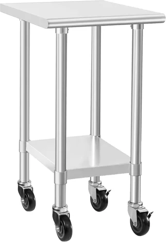 Miniatura 13 de HARDURA Mesa comercial de acero inoxidable para preparación y trabajo con ruedas, mesa de metal resistente con ruedas, NSF 430, 14 x 30 pulgadas