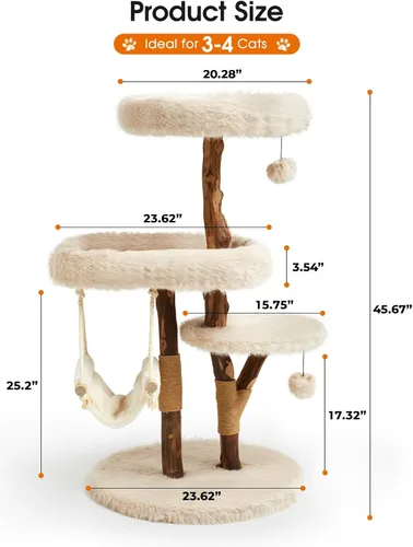 Miniatura 3 de Letkind Moderna torre de árbol para gatos grandes de interior, perches-torre de madera maciza natural para gatos con poste rascador de sisal