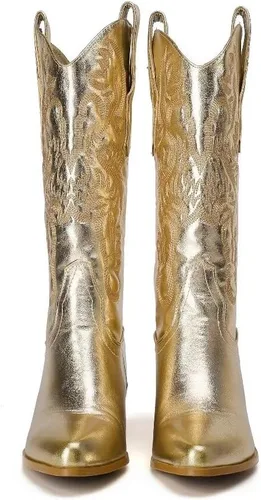 Miniatura 2 de Botas vaqueras occidentales bordadas para mujer, botas vaqueras de tubo medio, punta puntiaguda, tacón grueso, brillante, vintage, a la moda, botas