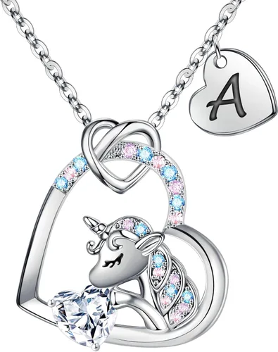 IEFRICH Regalos de unicornios para niñas, collares de unicornio con corazón de circonita cúbica para mujeres y niñas, collares con inicial, joyería