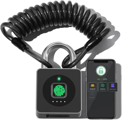 Pothunder Cerradura de huellas dactilares con aplicación, candado biométrico sin llave de cable de acero, resistente al agua inteligente para Negro