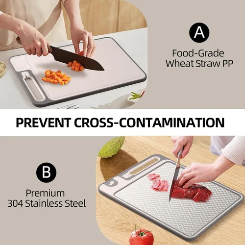 Miniatura 3 de Tablas de cortar 2 en 1 no tóxicas para aficionados a la cocina gourmet, acero inoxidable 304 y paja de trigo de grado alimenticio, diseño de doble