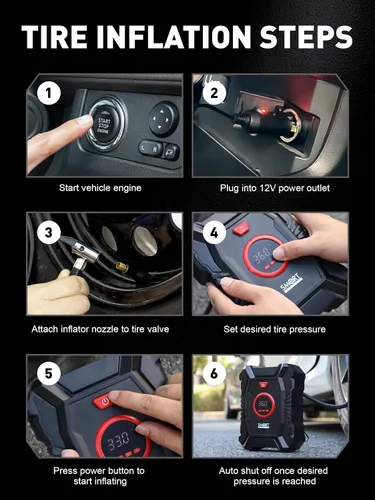 Miniatura 4 de SMART JERRY - Inflador de neumáticos de 12 V para automóvil Inflador digital de neumáticos compresor de aire portátil para camión con apagado