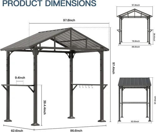 Miniatura 2 de Kullavik Gazebo de parrilla de techo rígido de 8 x 5 pies, gazebo para barbacoa al aire libre con techo de acero galvanizado y gancho de techo