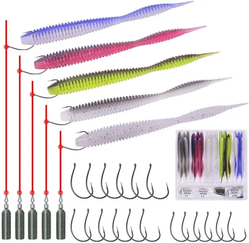 Aparejos de pesca de gusanos de plástico suave para lubina, gusanos de goma de 4 pulgadas, gusanos locos, cebos de cola recta, kit de 49 piezas con