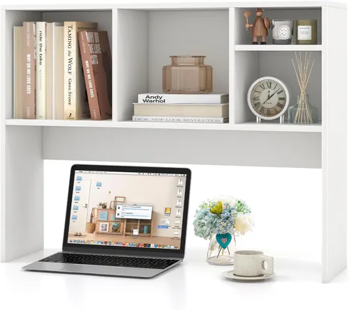 Miniatura 18 de LDAILY Desktop Bookshelf, 2-Tier Office Desk Shelf Organizer Desk Hutch with 4 Shelves, 37’’L Wood Storage Rack Display Shelf for Computer Desk