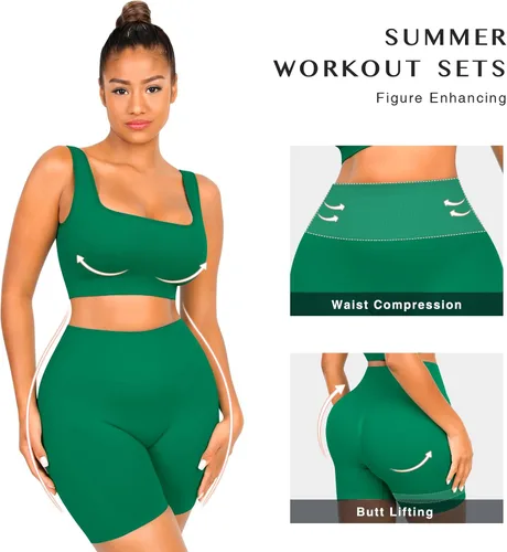 Miniatura 5 de FeelinGirl Conjuntos de entrenamiento para mujer, 2 piezas, sin costuras, brasier deportivo acanalado, pantalones cortos de cintura alta, tallas