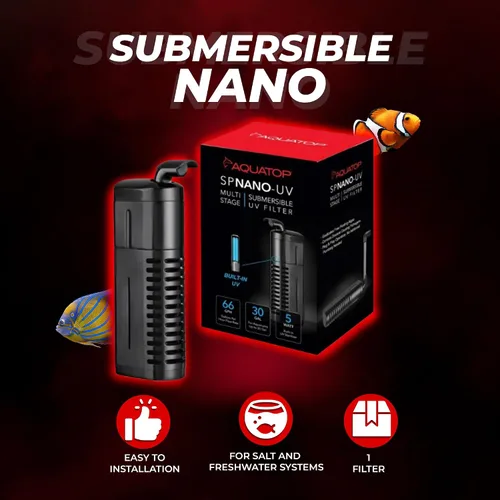 Miniatura 5 de Aquatop Filtro nano sumergible de 5 W, para 10-30 galones, caudal de 66 GPH, para agua cristalina, ideal para uso en agua dulce y salada, SPNANO-UV