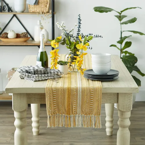 Miniatura 5 de DII Farmhouse - Camino de mesa trenzado a rayas, 15 x 72 (15 x 77, con flecos incluidos), oro miel Miel Gold