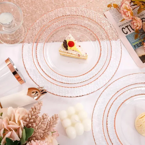 Miniatura 4 de Liacere 350 platos de plástico color oro rosa, platos desechables de rosa transparente, 50 invitados, incluyen 50 platos llanos, 50 platos