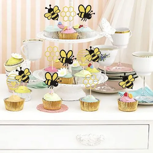 Miniatura 4 de 36 piezas de palillos decorativos para cupcakes de abejorros con corazones de purpurina y panal de abeja, decoraciones de pastel para baby shower