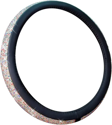 Miniatura 15 de Nueva funda de volante de cuero con diamantes de imitación y cristales brillantes, protector de rueda de auto de 15 pulgadas de ajuste universal