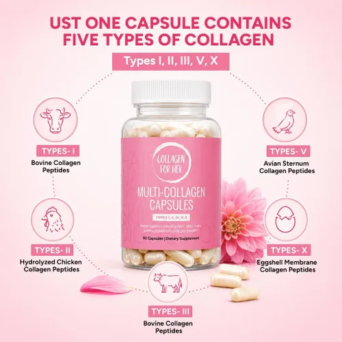 Miniatura 6 de Collagen For Her: Cápsulas de colágeno múltiple para mujeres (tipos I, II, III, V, X), péptidos de colágeno hidrolizados, suplemento vitamínico