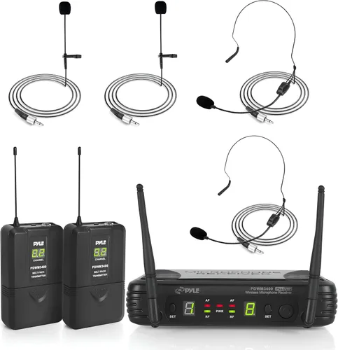 Pyle Sistema de micrófono inalámbrico de 2 canales, juego de micrófono digital UHF portátil con 2 auriculares, 2 solapas, 2 transmisores, cable de ¼