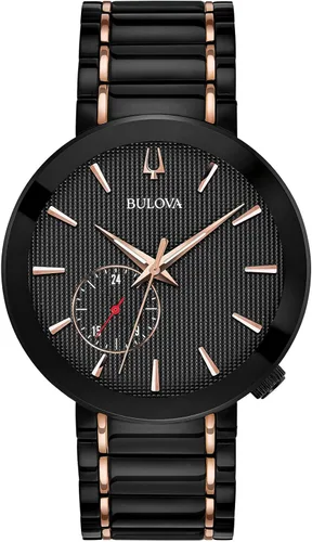 Bulova Reloj de cuarzo multifunción con IP y tono rosa latino latino Grammy para hombre, estilo 98A188, Revestimiento iónico negro., Movimiento de