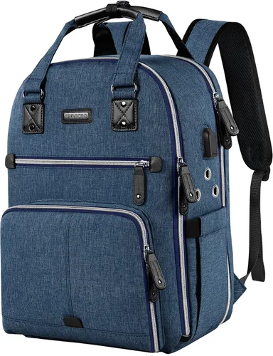 SINVICKO Bolsa de ganchillo, mochila de tejido y organizador de bolsas con puerto de carga USB, bolsa grande de almacenamiento de hilo Azul