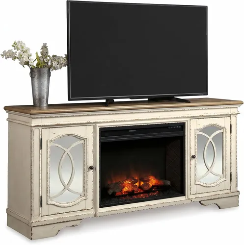 Signature Design by Ashley Realyn - Soporte de TV casual vintage con chimenea eléctrica, calienta habitaciones más grandes, herrajes de bronce,