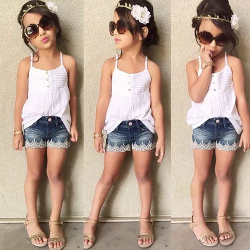 Miniatura 7 de SEYOUAG Conjunto de 2 piezas de ropa para niña pequeña + pantalones cortos de mezclilla