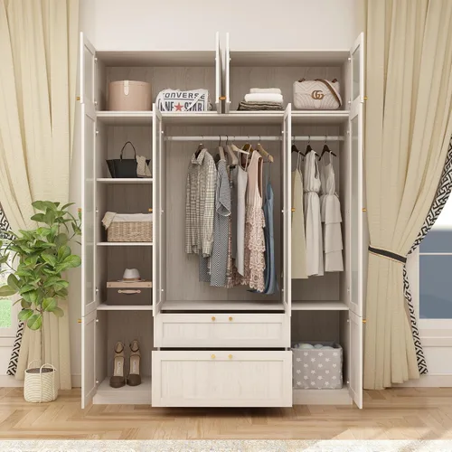 Miniatura 3 de Armario grande, armario de madera con puertas de vidrio esmerilado, armario para dormitorio con 2 cajones, barra para colgar y organizar