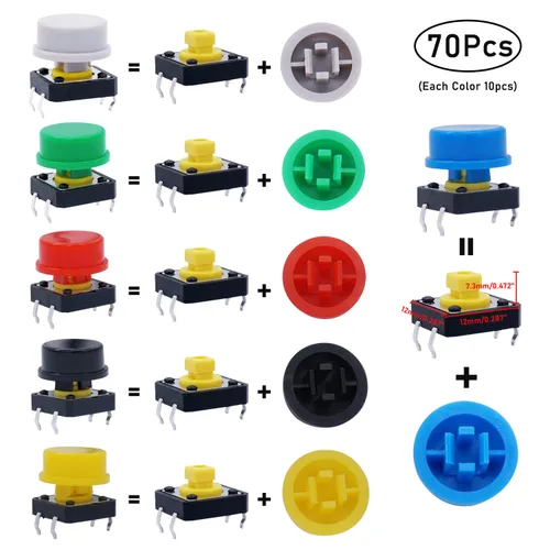 Miniatura 5 de TWTADE 70 unids 4 pin táctil táctil interruptor de botón momentáneo 0.472x0.472x0.287 in con tapa de interruptor multicolor+160PCS táctil momentáneo