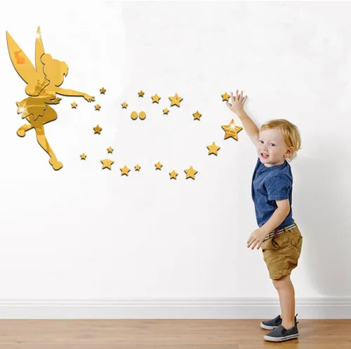 Miniatura 2 de MEYA 26 unids/set Tinkerbell Fairy espejo de pared acrílico espejo decorativo Tinker Bell pegatinas de pared decoración del hogar (dorado)