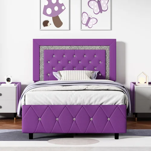 Miniatura 24 de BarnFurin Base de cama y cabecero tamaño King, cama tapizada de piel sintética con diseño capitoné de diamante, base de cama de plataforma moderna