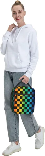 Miniatura 8 de Bolsa de almuerzo a cuadros negra y arco iris, portátil, reutilizable, con cremallera, para picnic, trabajo, oficina, viajes, escuela