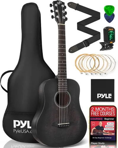 Pyle - Kit de guitarra acústica, tamaño Junior 1/2, instrumento de madera maciza con cuerdas de acero para principiantes, niños, adultos, 34" negro