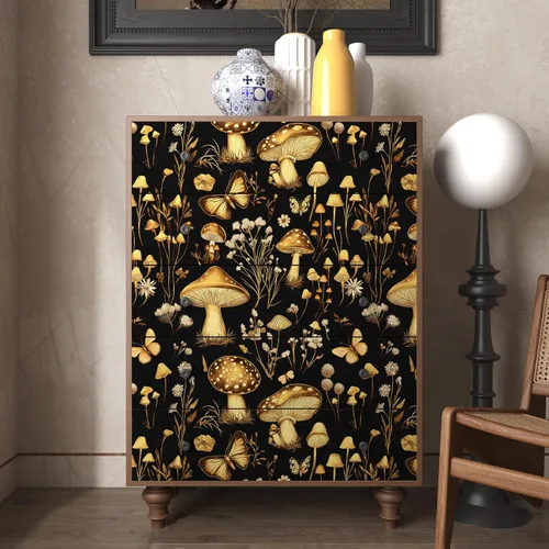 Miniatura 5 de Papel tapiz vintage de hongos para despegar y pegar, papel de contacto floral negro y dorado, papel de pared bohemio para pegar en el gabinete