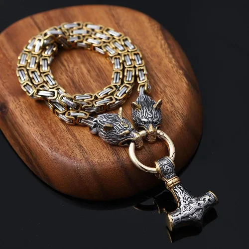 Miniatura 3 de Collar con colgante de cabeza de lobo Thor Mjolnir Viking Jewelry