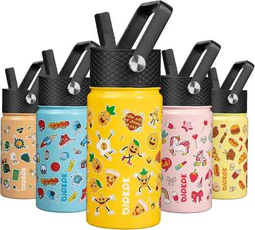 Miniatura 51 de BJPKPK Botella de agua aislada con tapa con pajilla, bonitas botellas de agua de 15 onzas, termo de metal de acero inoxidable, vasos reutilizables