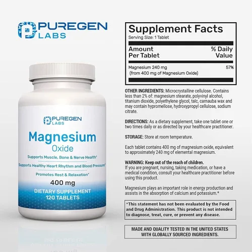 Miniatura 2 de Suplemento de magnesio de 400 mg [alta potencia] – Óxido de magnesio para apoyo inmunológico, recuperación muscular, calambres en las piernas