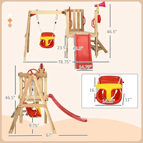 Miniatura 6 de Outsunny Juego de columpios para patio trasero, juego de madera para exteriores con asiento de columpio para bebé, tobogán para niños, fuerte, Rojo