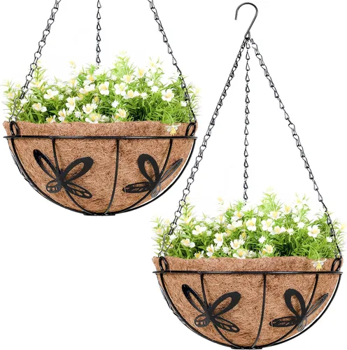 Maceta colgante con forro de cesta de fibra de coco – soporte redondo de alambre para plantas al aire libre, patio, balcón, jardín, decoración de
