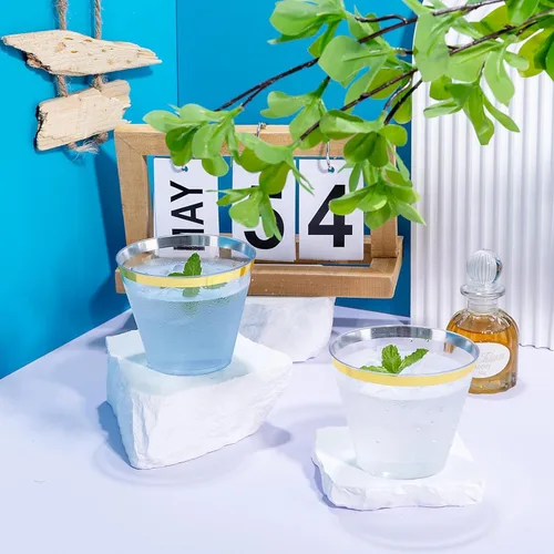 Miniatura 9 de Hioasis 200 Piezas Vasos Transparentes de 9 OZ - Vasos Desechables de Plástico con Borde Dorado, Resistentes y Sin BPA para Fiestas, Bodas