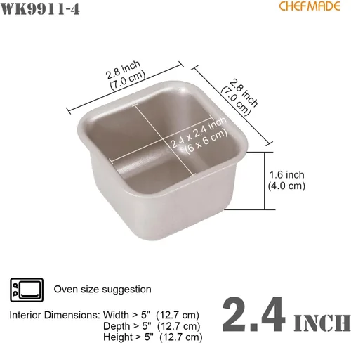 Miniatura 2 de CHEFMADE Juego de moldes para pasteles de brownie, 2.4 pulgadas, 4 unidades, antiadherentes, cuadrados, para magdalenas, para horno y hornear
