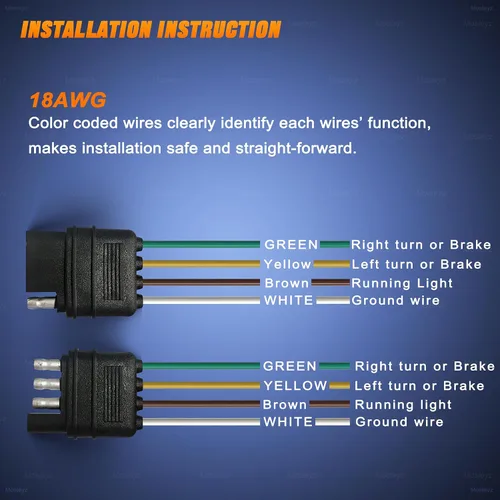 Miniatura 7 de Extensión de cable de remolque 4 vías 4 pines, enchufe de 4 cables 4 planos con enchufe macho y hembra 18 AWG 26 pulgadas, extensor de arnés