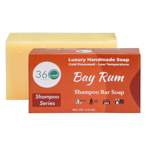 360Feel Barra de champú Bay Rum – Jabón nutritivo e hidratante anticaspa – Hecho a mano con aceites esenciales – Apto para viajes y compacto – Cero