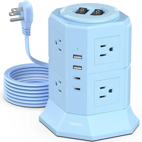 Miniatura 11 de Regleta de Protección contra Sobretensiones Torre Enchufe Plano con 12 Tomas de CA 3 Puertos USB (2 Tipo C), Cable de Extensión Ultra Plano de 6.5